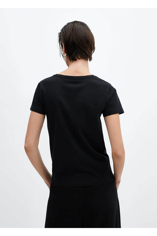Mango Women's Black Cotton logo T-Shirt
