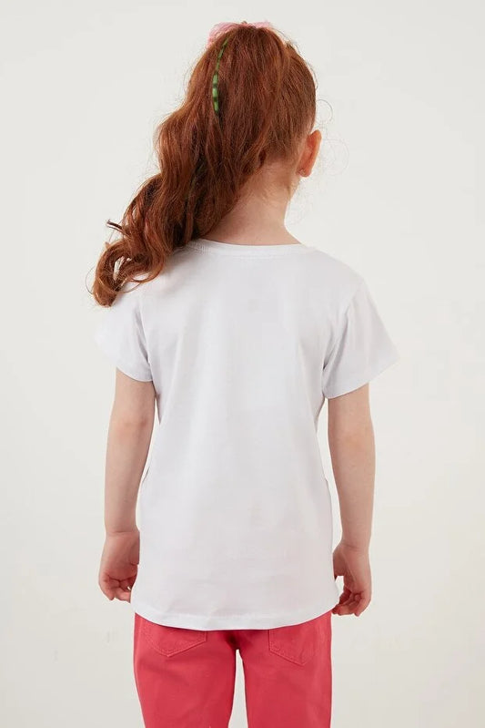 Lela Girl's White Printed Crew Neck Cotton T-shirt