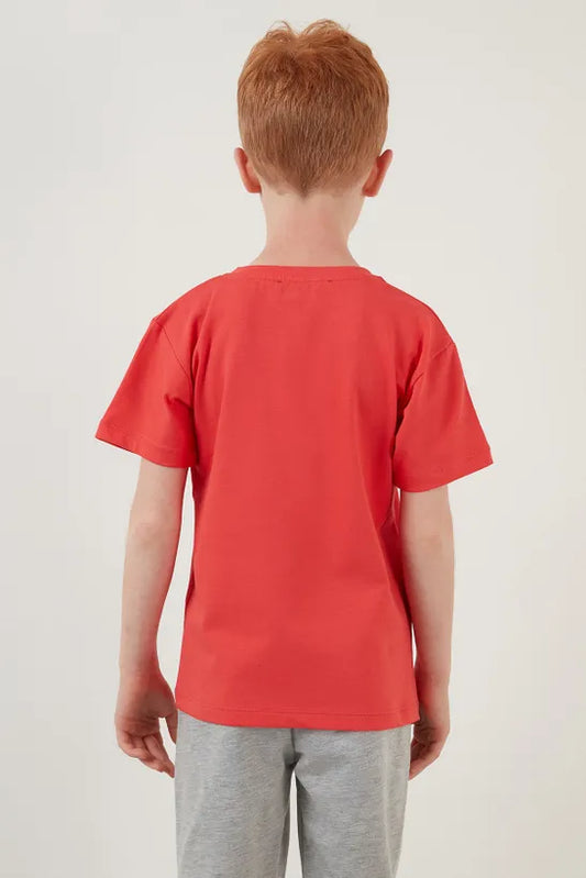 Lela Boy's Orange Printed Crew Neck Cotton T-Shirt