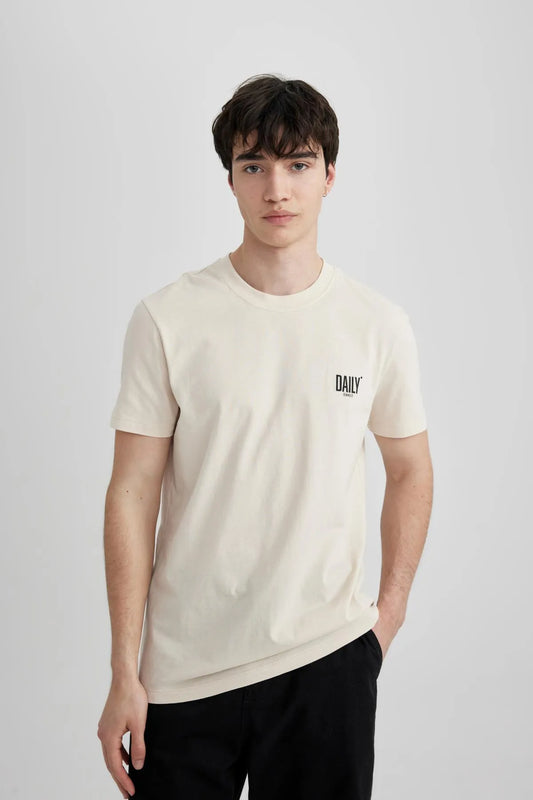 Defacto Men's Beige Slim Fit Crew Neck Printed Short Sleeve T-Shirt