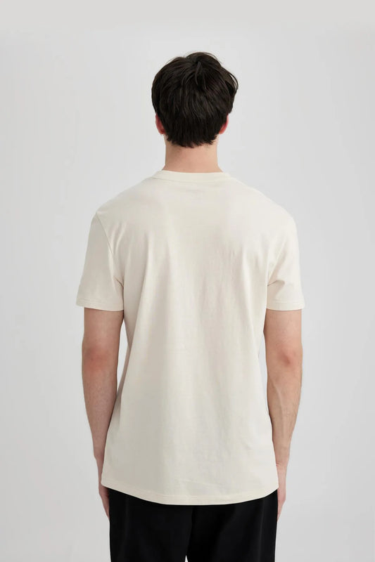 Defacto Men's Beige Slim Fit Crew Neck Printed Short Sleeve T-Shirt