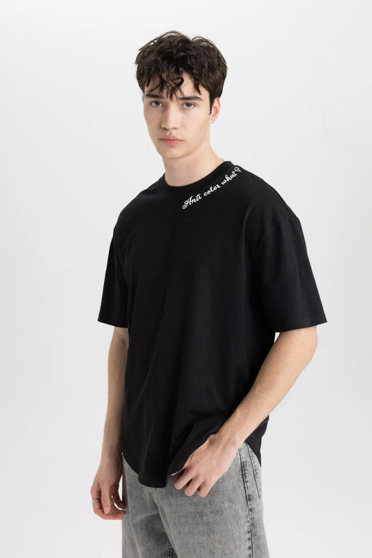 Defacto Men's Black Printed Short Sleeve T-Shirt