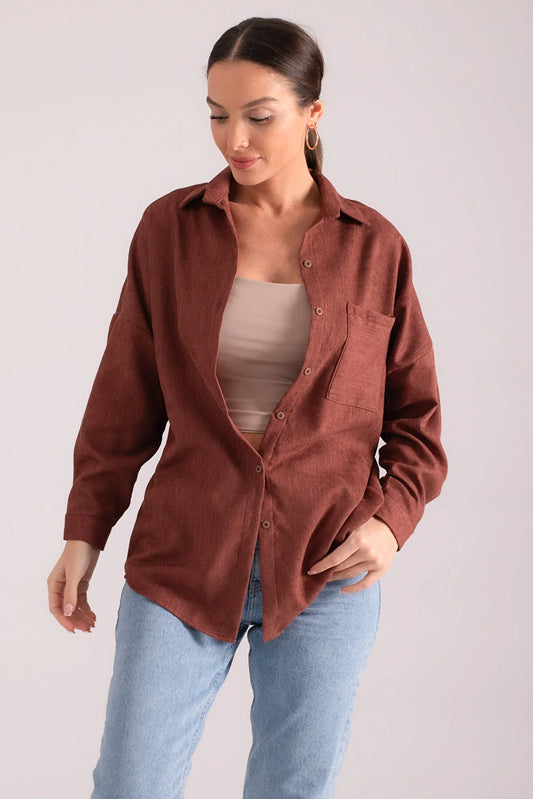 Armonika Women's Brown Pocket Oversize Slim Corduroy Shirt