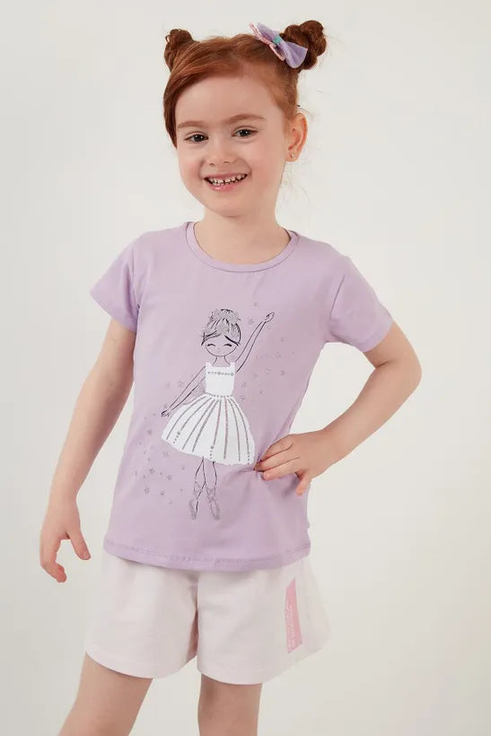 Lela Girl's Purple Printed Crew Neck Cotton T-shirt
