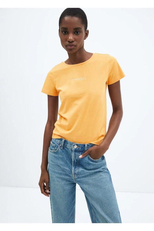 Mango Women's Yellow Cotton logo T-Shirt
