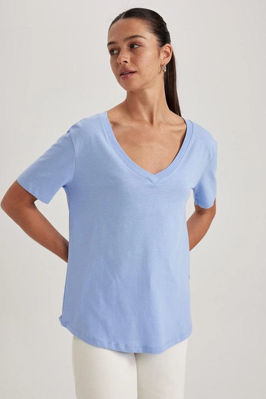 Defacto Women's Blue 100% Cotton T-Shirt