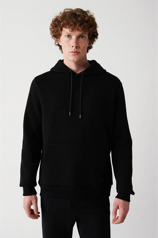 Avva Men's Black Hooded With Fleece Inner Collar Sweatshirt