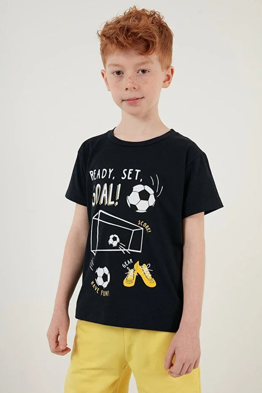 Lela Boy's Black Printed Crew Neck Cotton T Shirt