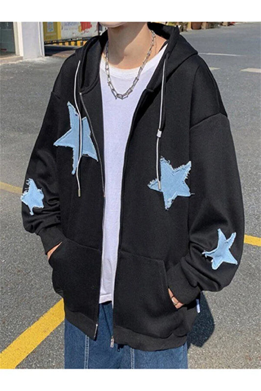 Gofeel Women's Day Light y2k Star Patch Oversized Black Cardigan