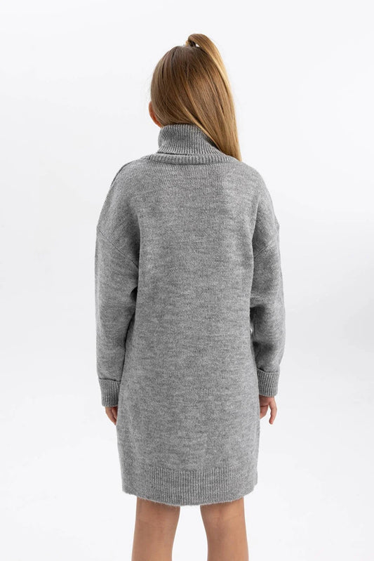 Defacto Girl's Grey Turtleneck Long Sleeve Knitwear Dress