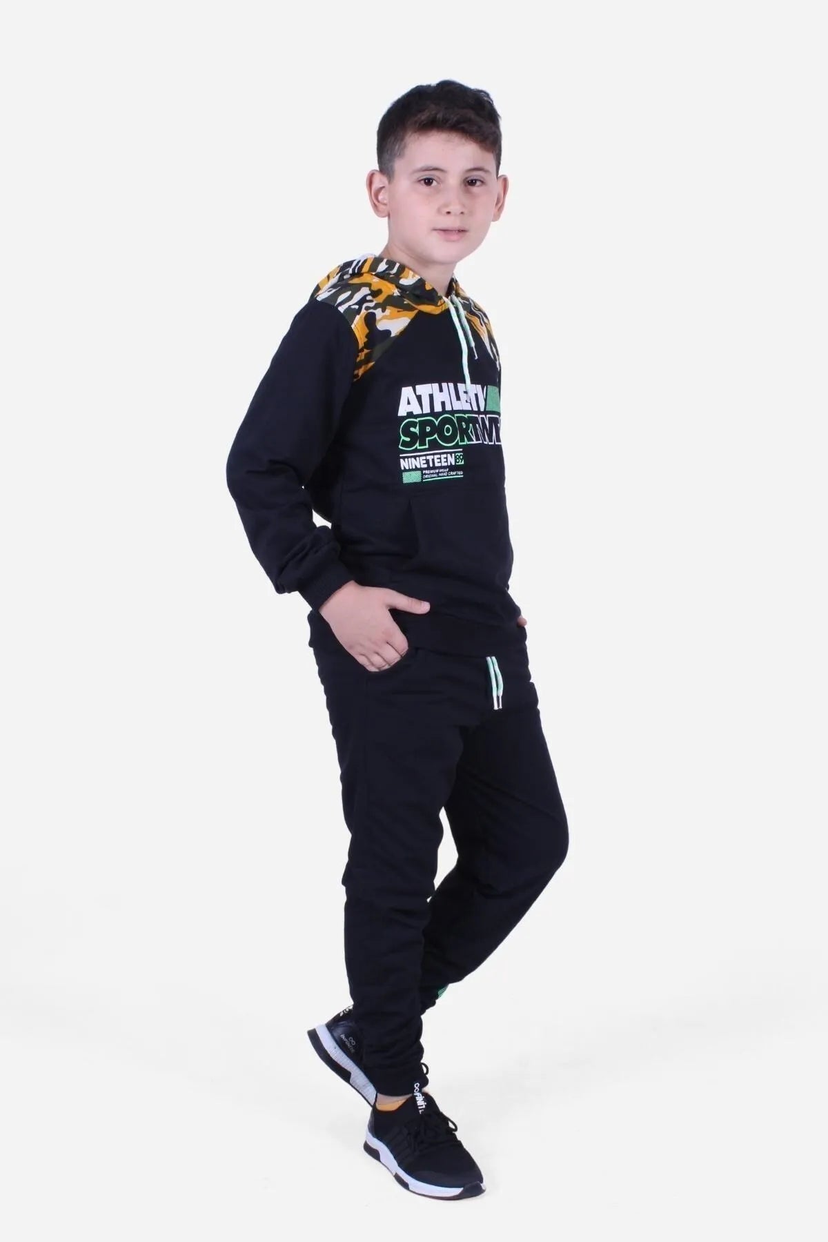 Fyk Kids Boy's Black Yellow Pocket Camouflage Patterned Hooded Tracksuit