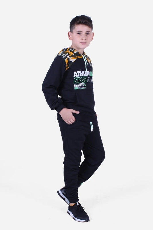 Fyk Kids Boy's Black Yellow Pocket Camouflage Patterned Hooded Tracksuit