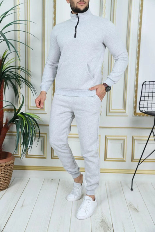 Exsport Men's Grey Melange Thread Half Zippered Cotton Inside Winter Tracksuit
