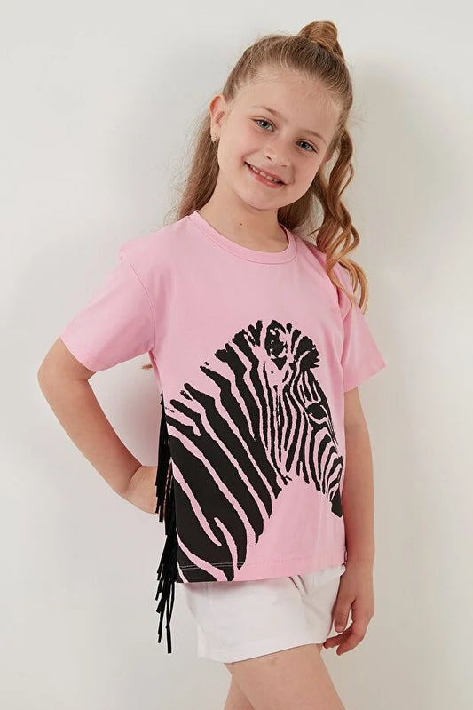 Lela Girl's Pink Cotton Printed Tassel Detailed Crew Neck T-Shirt