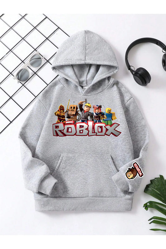 Vask Boy's Grey Hooded Cotton Printed Sweatshirt