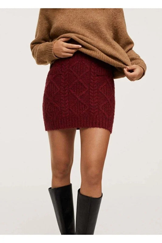Mango Women's Burgundy Knitted Mini Skirt