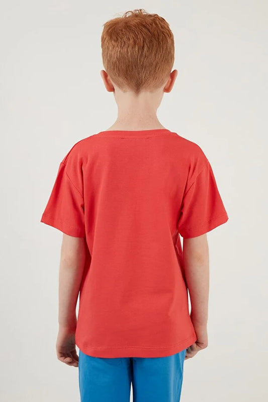 Lela Boy's Orange Printed Crew Neck Cotton T Shirt