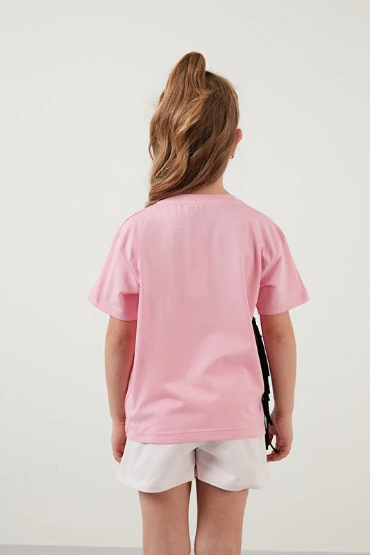 Lela Girl's Pink Cotton Printed Tassel Detailed Crew Neck T-Shirt