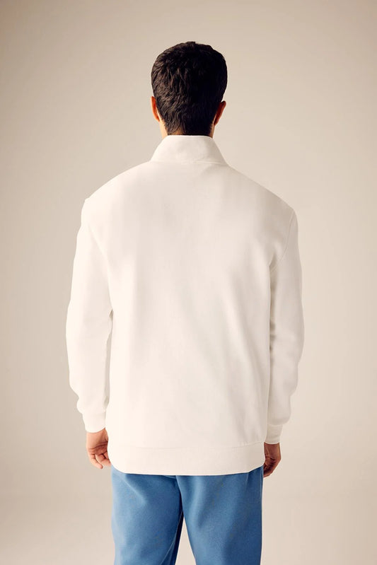 Defacto Men's White Comfort Fit Zippered High Collar Sweatshirt