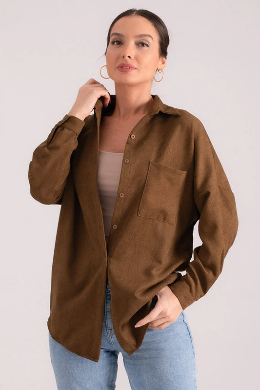 Armonika Women's Dark Khaki Pocket Oversize Slim Corduroy Shirt