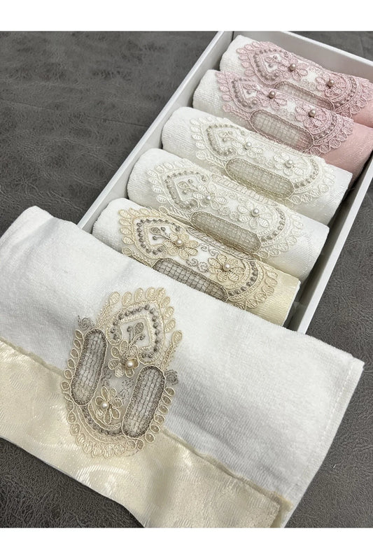 Ayhan Home Kitchen Set of 6 Laced Satin Embroidered Boxed Dowry 30x50 Towels