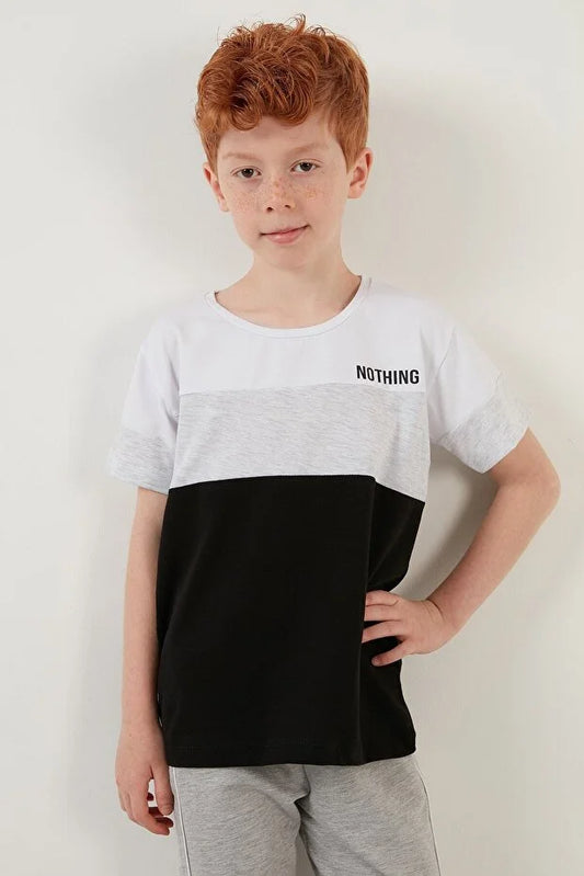 Lela Boy's Grey Color Block Crew Neck Cotton T-Shirt