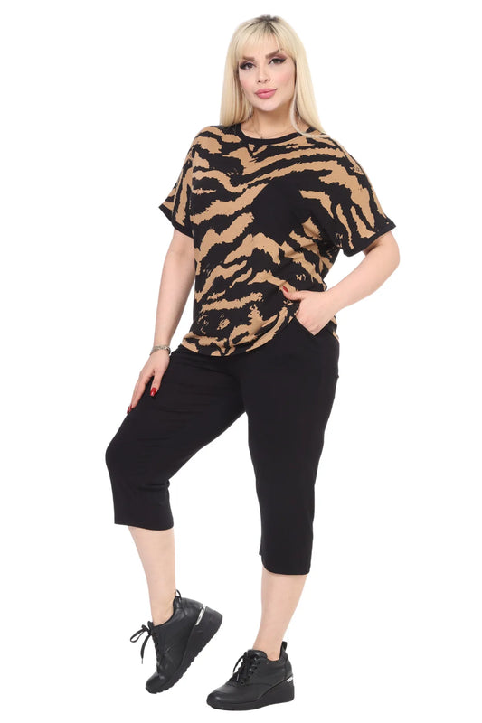 Melsay Women's Short Sleeve Pockets Plus Size Zebra Pattern Capri Set