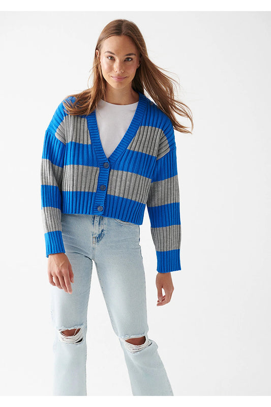 Blue Women's Striped Cardigan