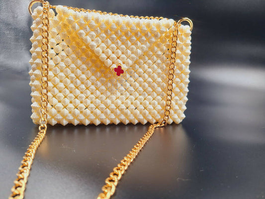 Lulua Stitches Handmade Off-White Envelope Shape Handbag
