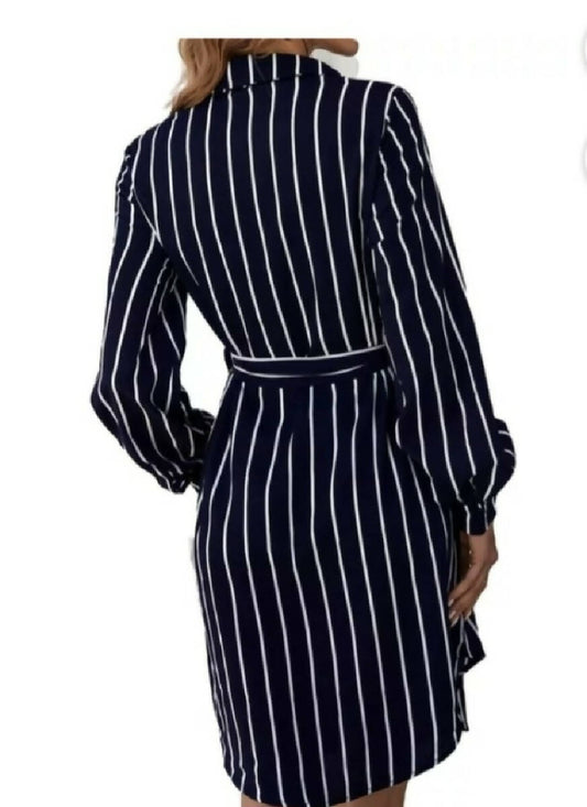Fashion Beauty Style 7 stripped Collar Shirt Navy Blue Dress