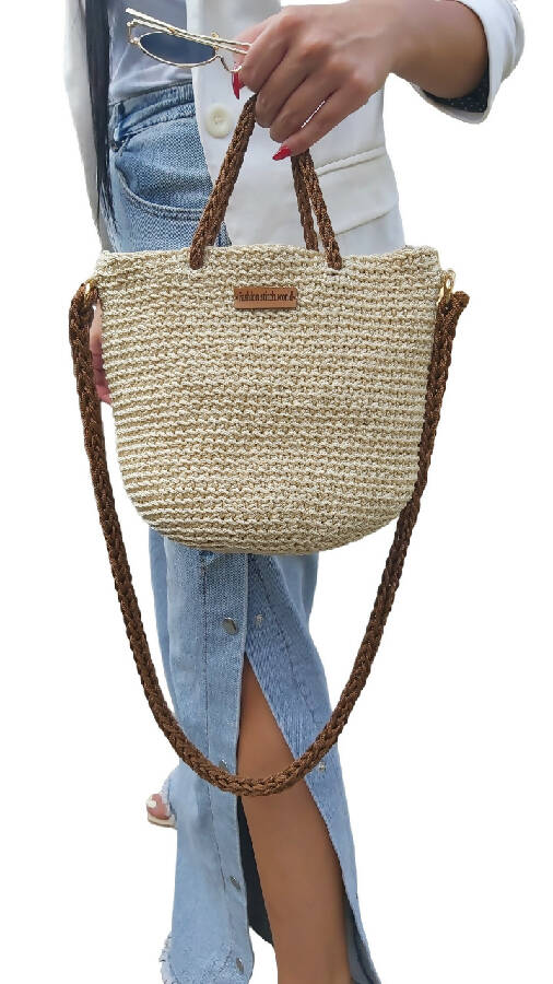 Fashion Stitch Women's Beige Basket Crochet Cross Bag For Ladies