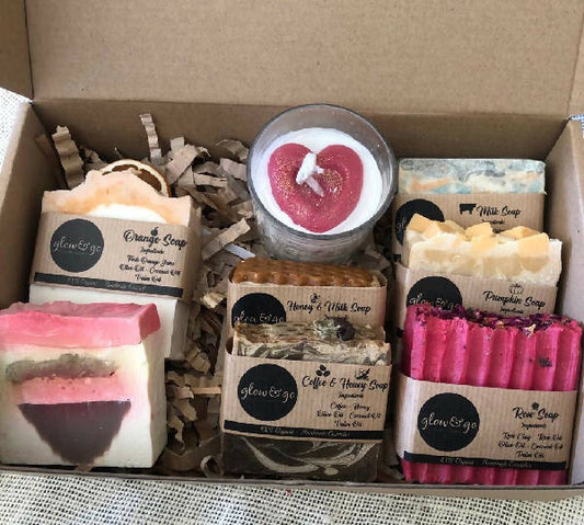 Glow & Go Box 7 Handmade Organic Soap & 1 scented Candle Great Gift