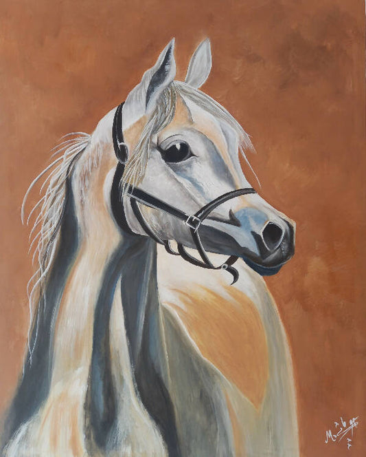 Mohammad Houmani Art Lebanese Handmade White Horse Painting Size 100× 70 cm