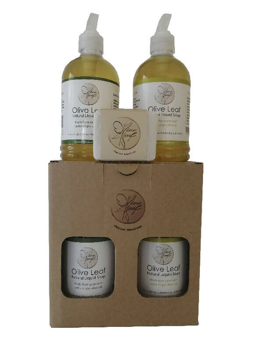 OLIVE LEAF Handmade Bar and Liquid Soap Gift Box Extra Virgin Olive Oil Lemon Essential Oil 500ml*2 100g
