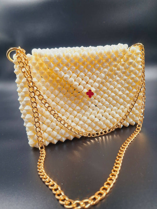 Lulua Stitches Handmade Off-White Envelope Shape Handbag