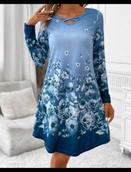 Fashion Beauty Style 7 Floral Print Blue Dress
