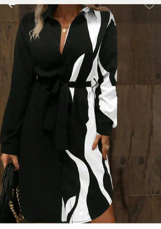 Fashion Beauty Style 7 Black & White Belted Shirt Dress