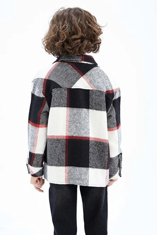 Defacto Boy's White Grey Oversize Long Sleeve Flannel Shirt