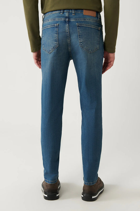 Avva Men's Blue Vintage Washed Flexible Trousers Jeans