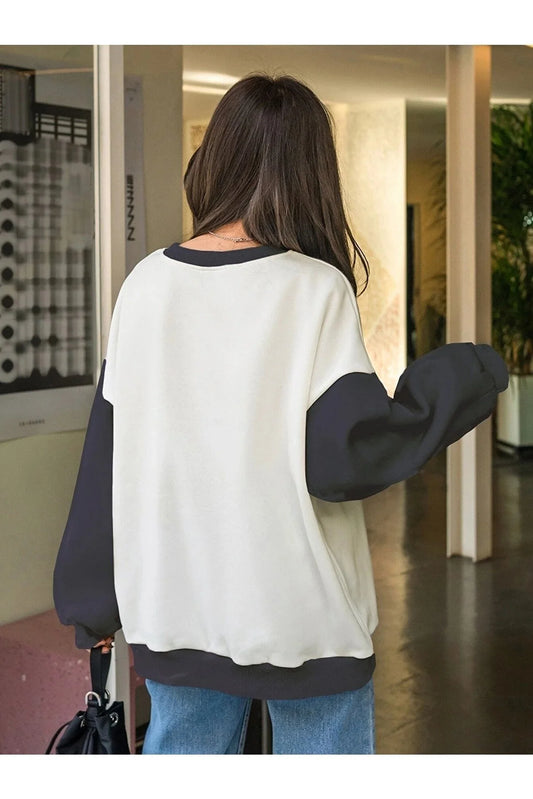 Know Women's White Enough Printed Smoked Sleeve Detail Oversize Sweatshirt