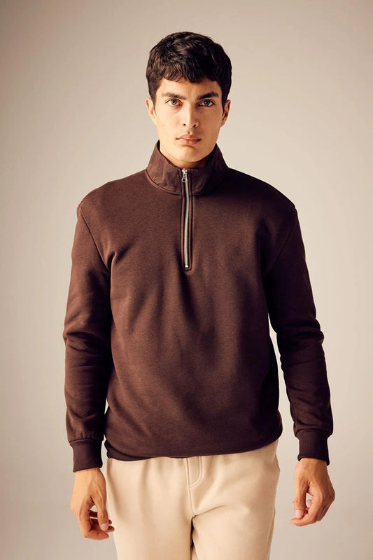 Defacto Men's Coffee Comfort Fit Zippered High Collar Sweatshirt