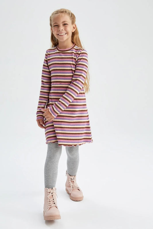 Defacto Girl's Purple Striped Long Sleeve Ribbed Camisole Dress