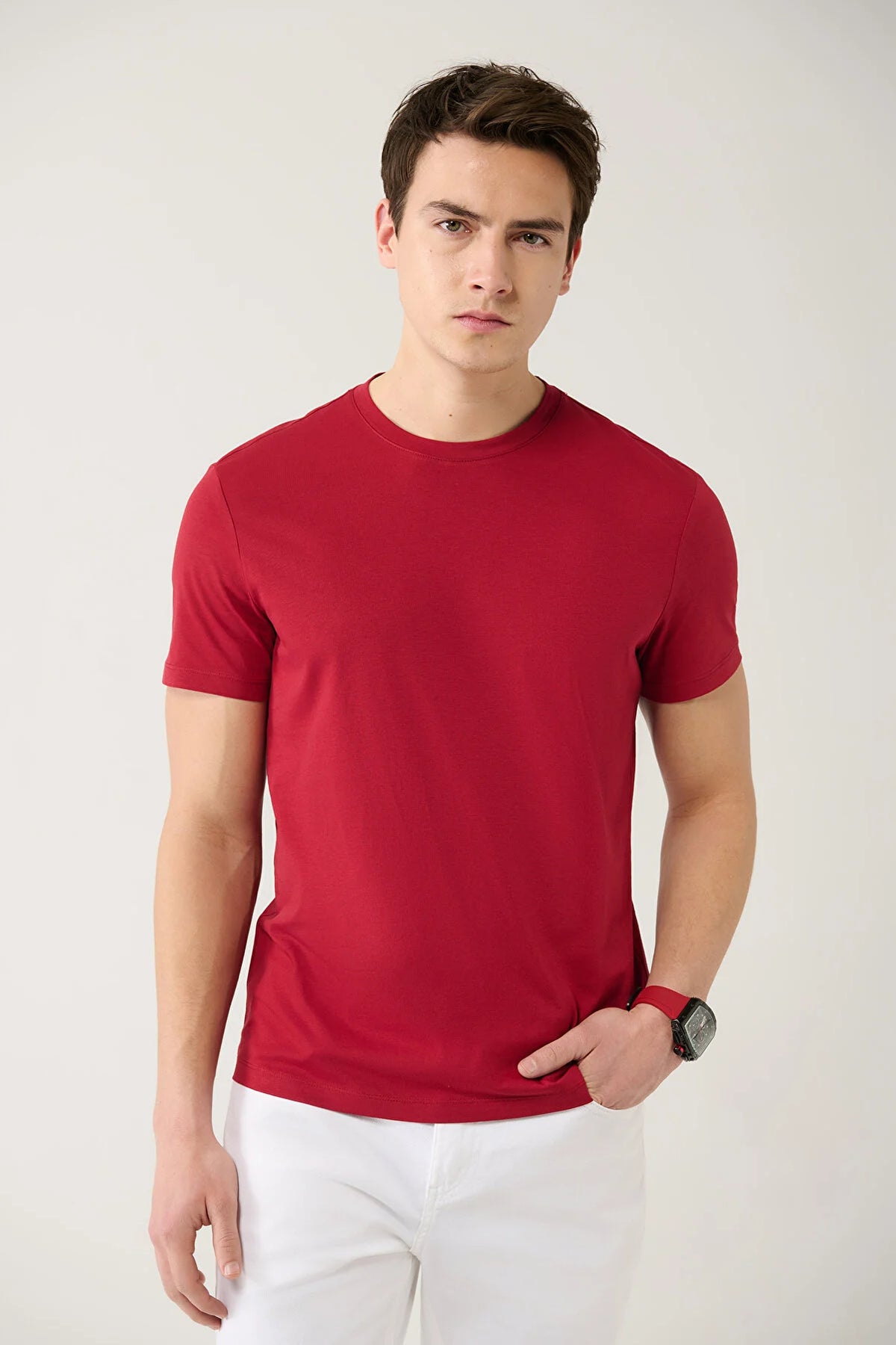 Avva Men's Red 100% Cotton Breathable Crew Neck Standard Fit Regular Cut T-shirt