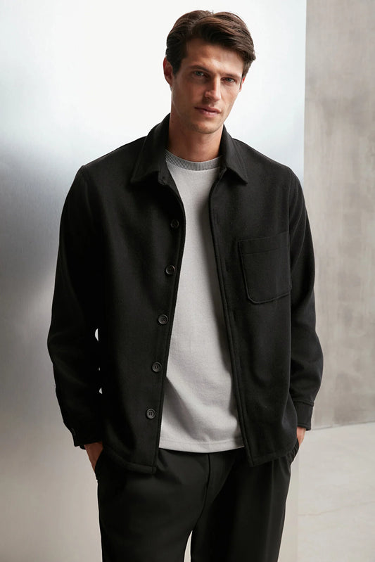 Grimelange Men's Black Regular Fit Thick Stitching Fabric Jacket