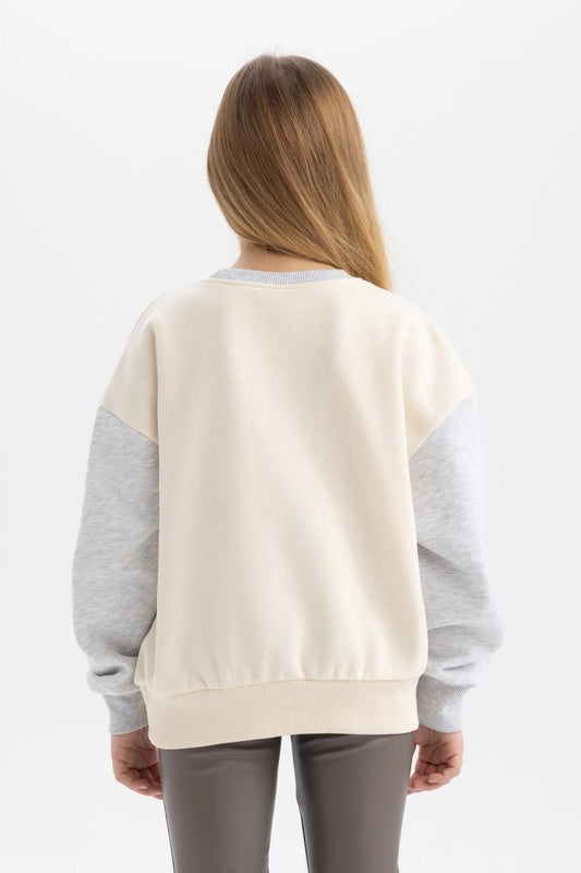 Defacto Girl's Beige Printed Crew Neck Soft Fuzzy Thick Sweatshirt