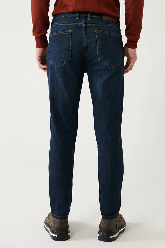 Avva Men's Dark Blue Vintage Washed Flexible Trousers Jeans