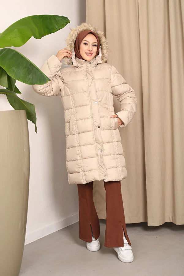 Imajbutik Womem's Beige Hooded Puffer Coat