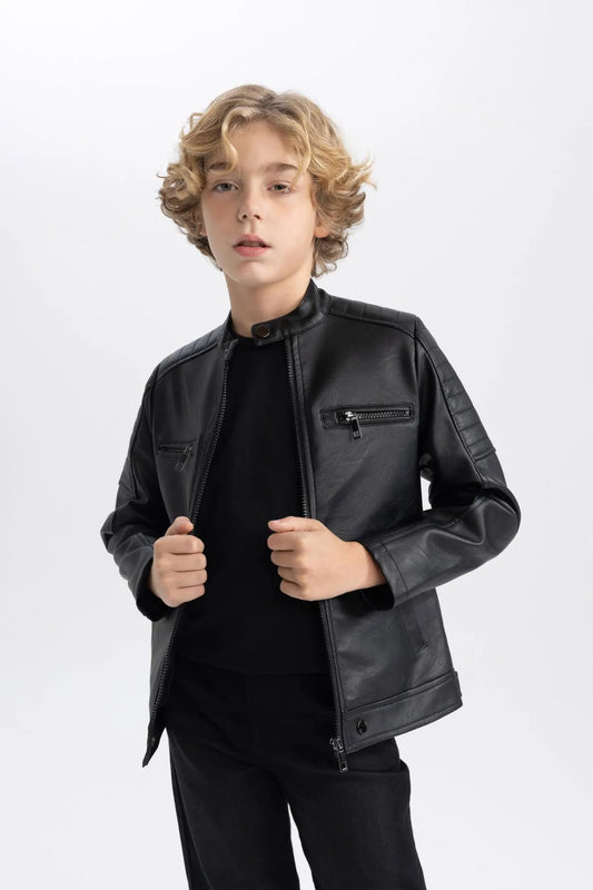 Defacto Boy's Black Water Repellent Half Turtleneck Faux Leather Coat