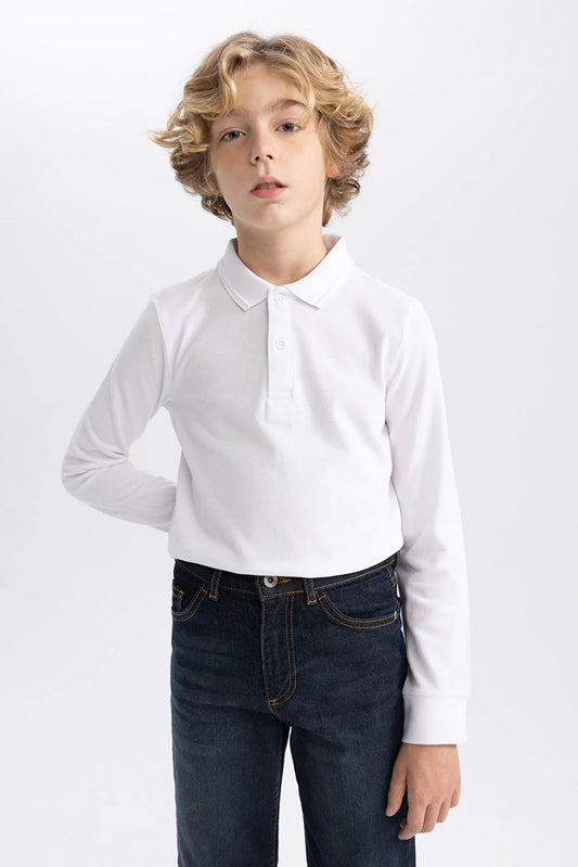 Defacto Boy's White Regular Fit Polo Collar Pique Long Sleeve Polo T-Shirt