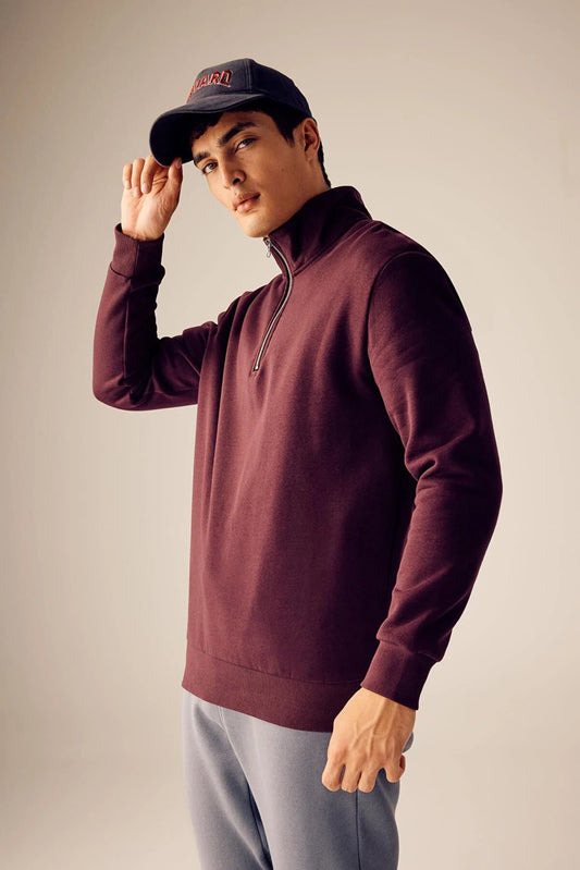 Defacto Men's Bordo Comfort Fit Zippered High Collar Sweatshirt
